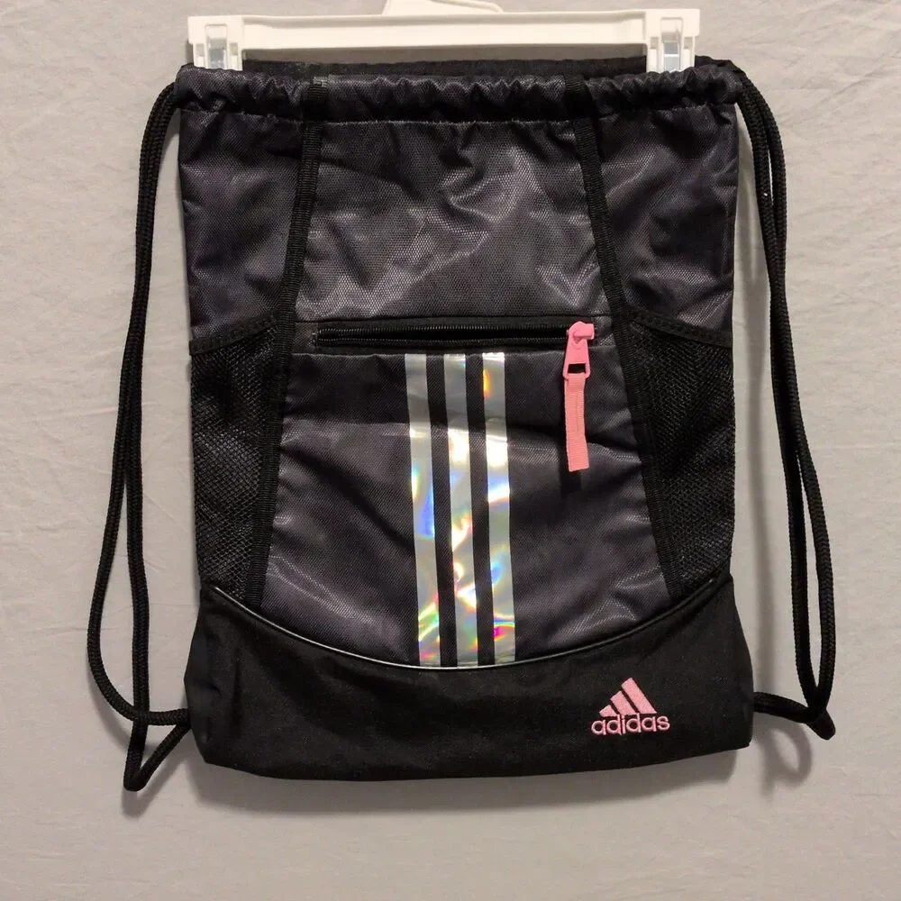 Adidas Drawstring Gym Sack Backpack Black/Pink/Holographic Zip Pocket